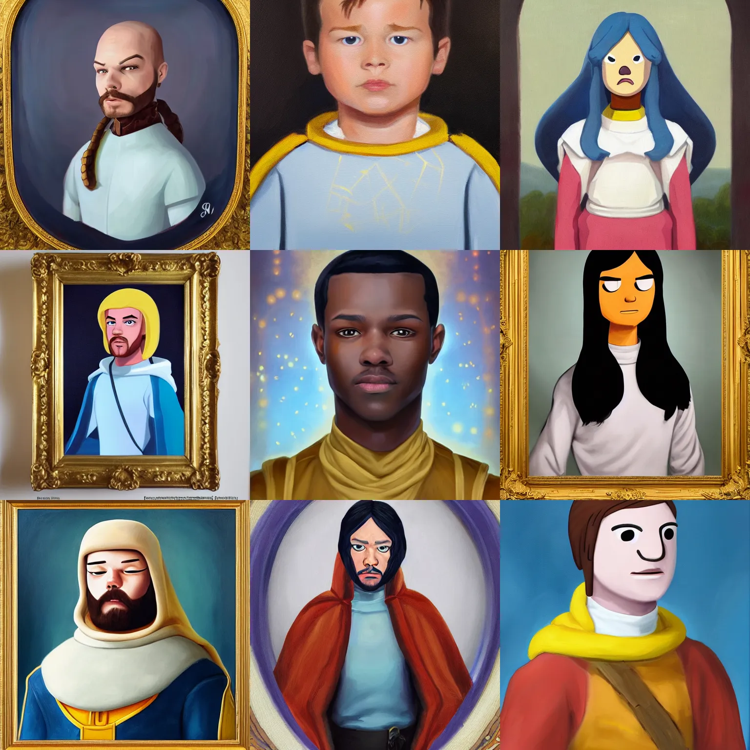 Prompt: character finn from adventure time, royal portrait painting, oil painting, highly detailed, realistic face, symmetrical face, self - satisfied smirk