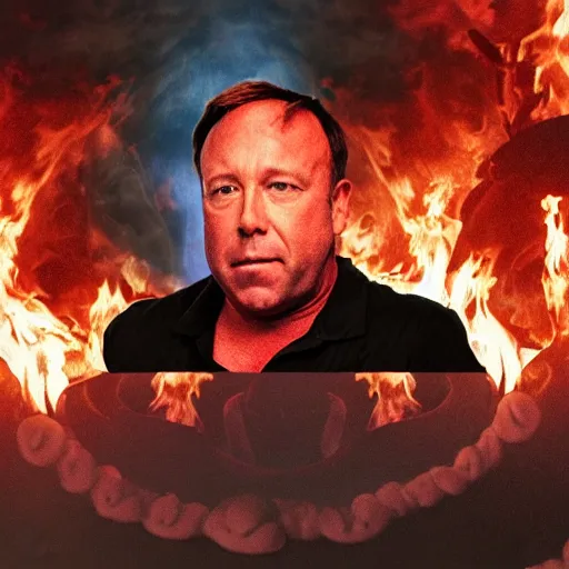 Image similar to photo of alex jones burning in hell