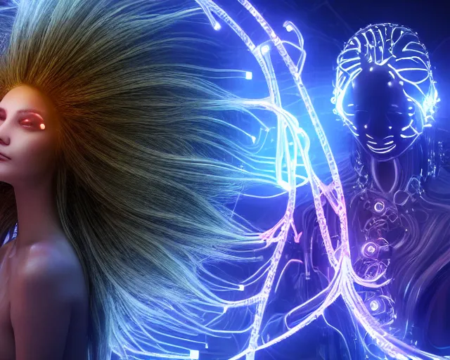 Image similar to glowing hair, complex cybernetic beings, beautiful hairy humanoids, cybermagnetosphere, cybernetic civilizations, ornate hair, love, joy, vortexes, large arrays, data holograms, 8 k, cinematic light shadows, wet hdr refractions, *, * * *, * * * * *