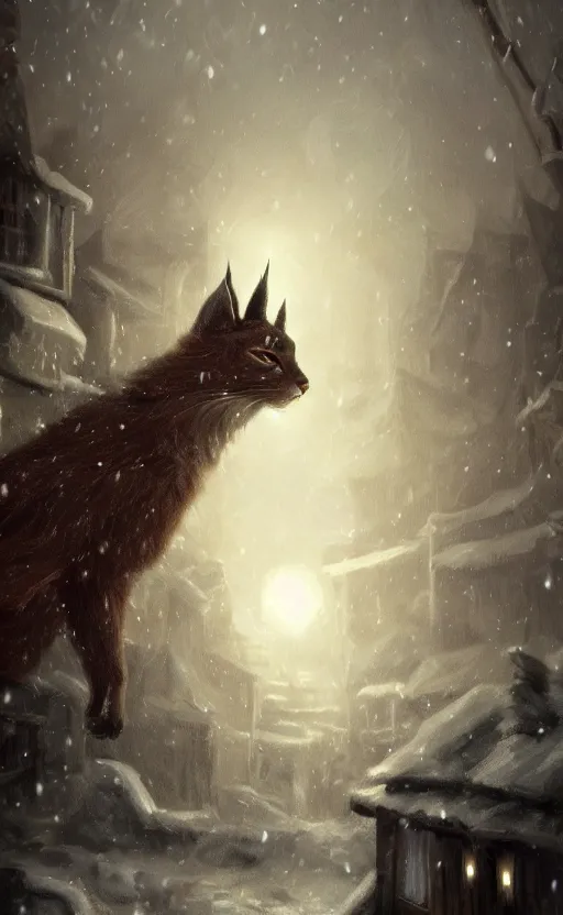 Image similar to cute fluffy caracal, a blurry ambient lantern in the distance of a snowy village at night, dynamic lighting, ambient lighting, atmospherical, photorealistic fantasy concept art, trending on art station, stunning visuals, creative, cinematic, ultra detailed