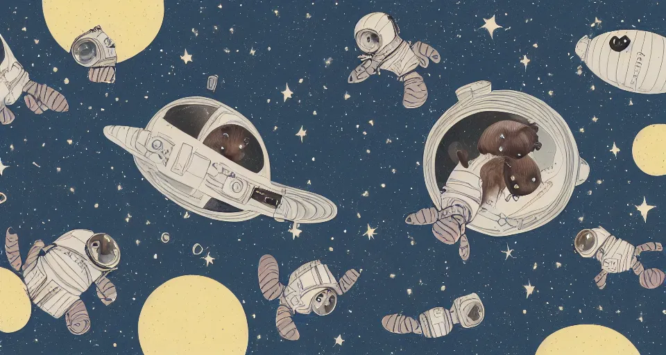 Image similar to back view of baby guineapigs on the cover of vogue magazine flying in space suits, deep dark universe, twinkling and spiral nubela, warmhole, beautiful stars, 4 k, 8 k, by hokusai, samurai man vagabond, detailed, editorial illustration, matte print, concept art, ink style, sketch, digital 2 d