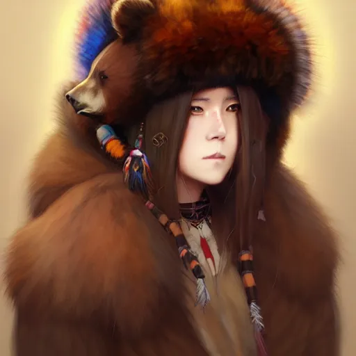 Image similar to anime portrait of a American native shaman wearing a bear fur by Stanley Artgerm Lau, WLOP, Rossdraws, James Jean, Andrei Riabovitchev, Marc Simonetti, and Sakimichan, trending on artstation