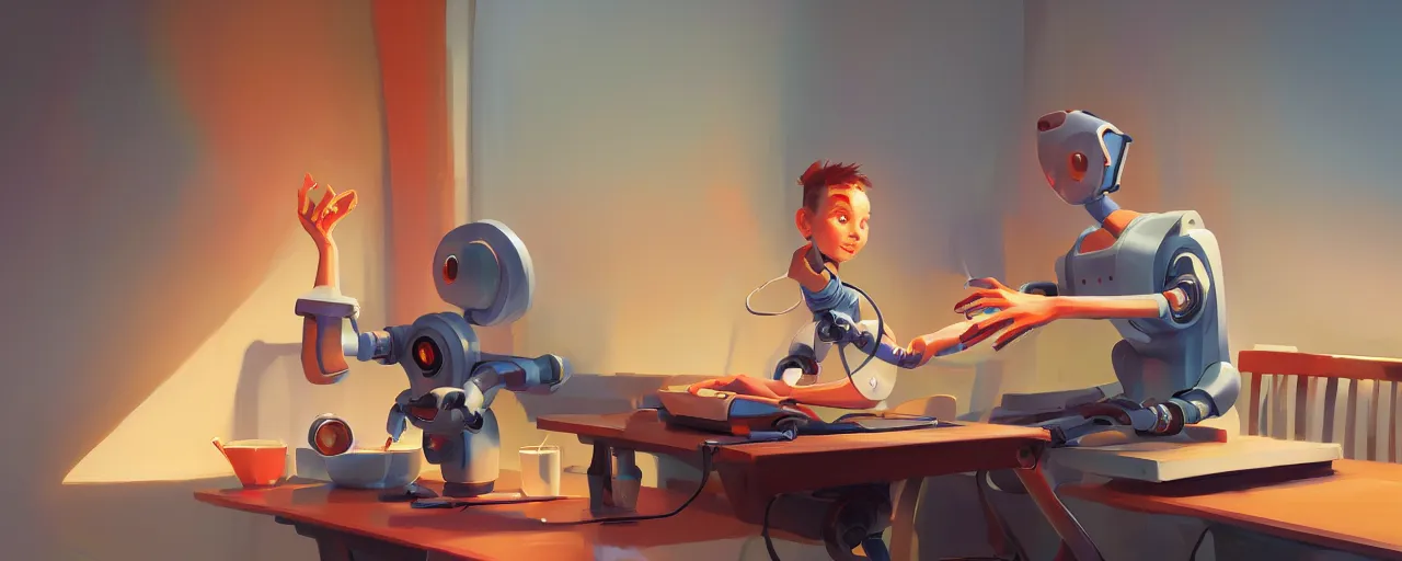 Image similar to excited young programmer, robot details on table, digital art, behance hd by jesper ejsing, by rhads, makoto shinkai and lois van baarle, ilya kuvshinov, global illumination.