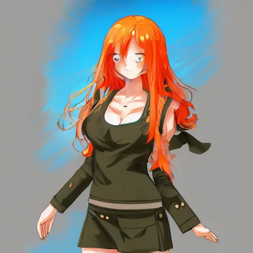 Image similar to very beautiful young anime girl with orange hair, dressed in soviet pioneer uniform, full body, long wavy blonde hair, sky blue eyes, full round face, bikini, miniskirt, front view, middle, highly detailed, colored manga drawing by wlop popular on artstation