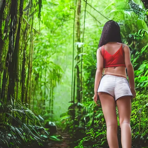 Prompt: a beautiful young woman with short shorts on walking through a rain forest, highly detailed, photograph, award winning, 8k, natural, natural lighting, natural beauty