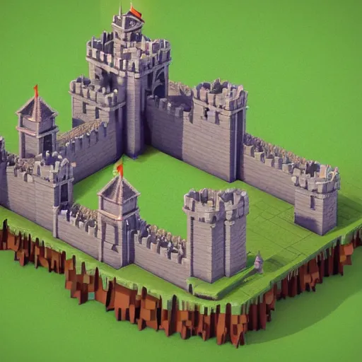 Prompt: isometric castle with moat and drawbridge under siege, isometric voxel art, magicavoxel, cgsociety, artstation