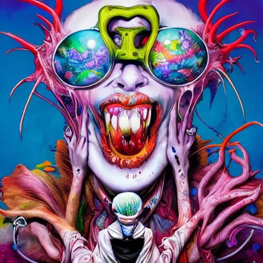 Image similar to Beautiful Fear and Loathing in Wonderland fantasy art by Alex Pardee and Nekro and Artgerm, unstirred paint, vivid color, cgsociety 4K