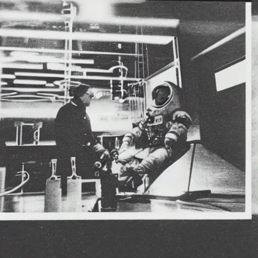 Image similar to old photograph of an astronaut in a futurist lab doing occult experiments