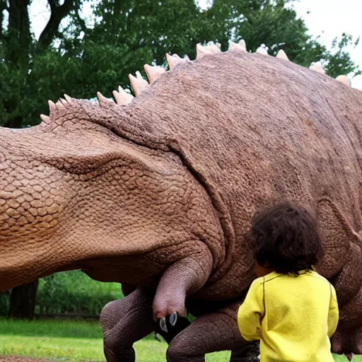 Prompt: a little girl with curly brown hair meeting a triceratops