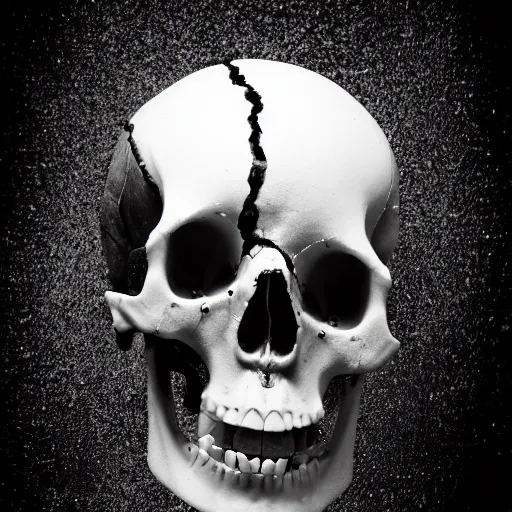 Prompt: professional photograph of a broken human skull, black fluid coming out, black and white, white background, 50mm, black and white