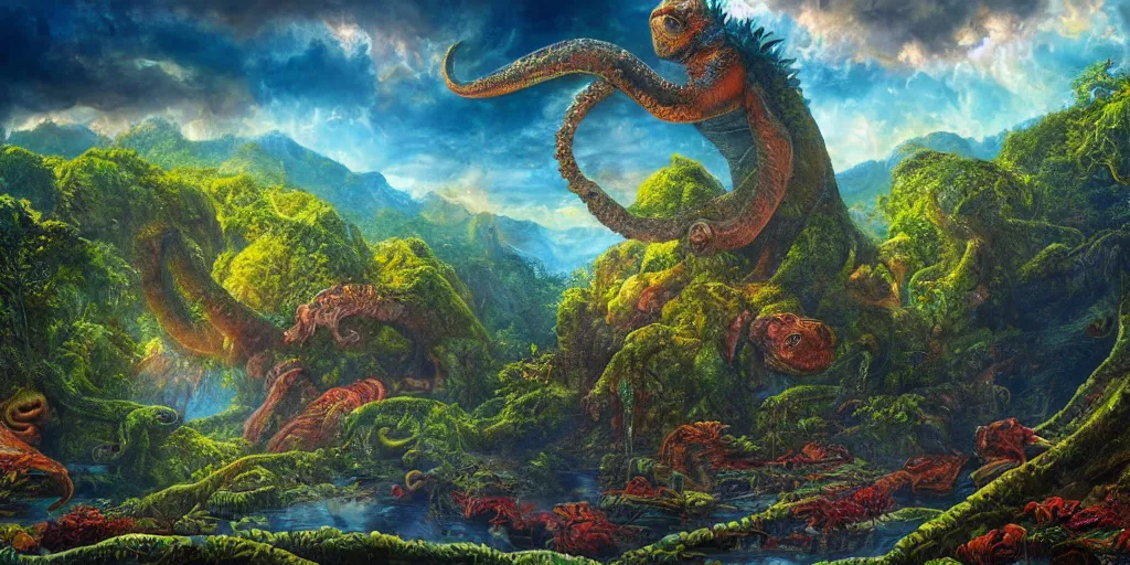 Image similar to fantasy oil painting, great leviathan, turtle cephalopod terrapin reptilian pachyderm amphibian hybrid, rainforest mountains, lush plants flowers, epic natural light, bright clouds, luminous sky, outer worlds, cinematic lighting, michael whelan, michael cheval, vray, 8 k hd