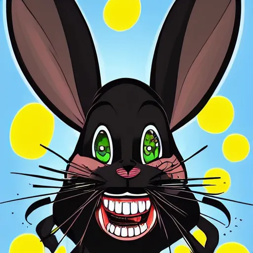 Image similar to A extremely highly detailed majestic hi-res beautiful, highly detailed head and shoulders portrait of a scary terrifying, horrifying, creepy maniacal crazy black cartoon rabbit with scary big eyes, earing a shirt laughing maniacally , let's be friends, in the style of a Walt Disney cartoon