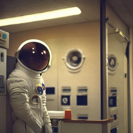 Image similar to a beautiful photo of an astronaut waiting in a laundromat, 1970', soft light, morning light, photorealistic, realistic, octane, 8k, cinematic shot