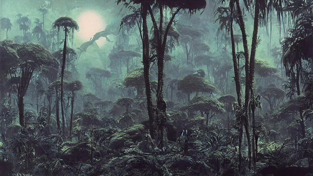 Image similar to otherworldly atmosphere of an alien jungle planet by arthur haas and bruce pennington and john schoenherr, cinematic matte painting