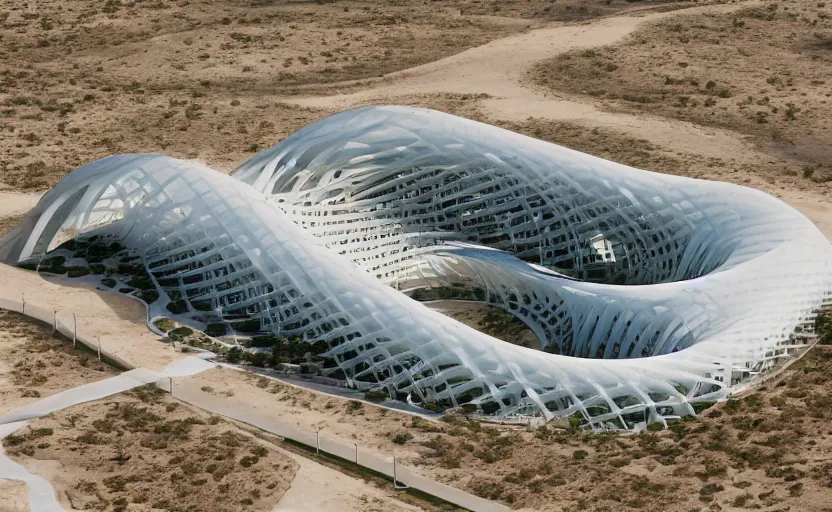 Prompt: parametric structure, medical complex, in the desert beside the gulf, view from above, design by toyo ito, dezeen, architectural photography