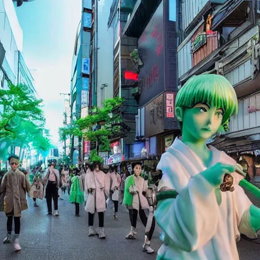 Prompt: everyone on the streets of japan suddenly turned into stone statues, the situation was eerie and silent dr. stone film footage, with green light effect from above