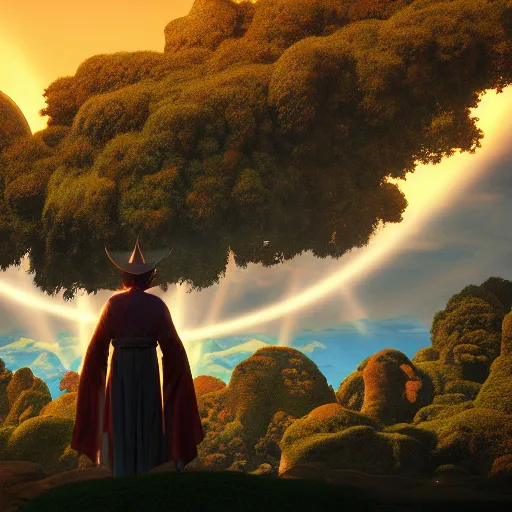 Prompt: a magical wizard in front of a big and mystical of a big and structured fantasy kingdom city, god rays, giant tree, portal to outer space Maxfield Parrish, digital art 8k, trending on artstation, anime, unreal engine