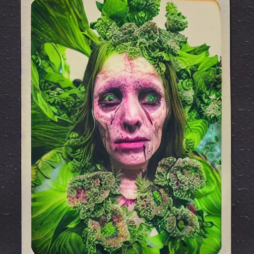 Image similar to a beautiful detailed front view portrait of a rotten woman corpse with fractal plants and fractal flowers growing around, volumetric light, beautiful lit, polaroid photography