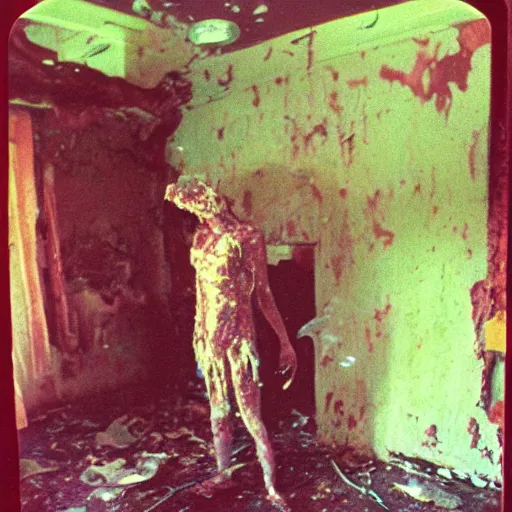 Image similar to 1 9 9 3, disposable camera, flash, old abandoned house, creature standing, meat, ooze, slime, veins, wet