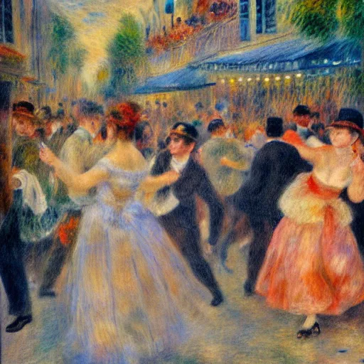 Image similar to impressionist drawing by renoir of a strobo lights disco party in the streets of an old south italy town, many young people dancing, art nouveau frame, high definition,