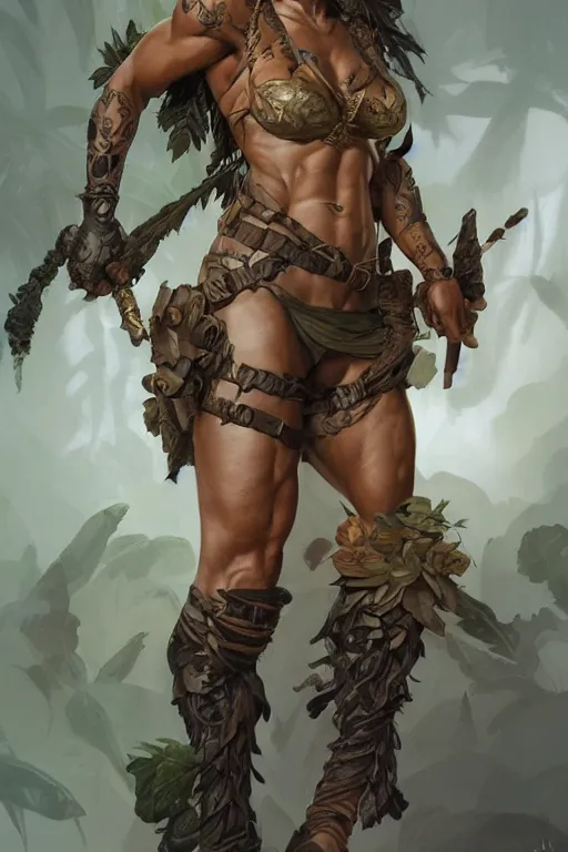 Image similar to full body portrait of a jungle fighter lady, muscular, upper body, arm tattoos, D&D, fantasy, intricate, elegant, highly detailed, digital painting, artstation, concept art, matte, sharp focus, illustration, art by Artgerm and Greg Rutkowski and Craig Mullins and Alphonse Mucha