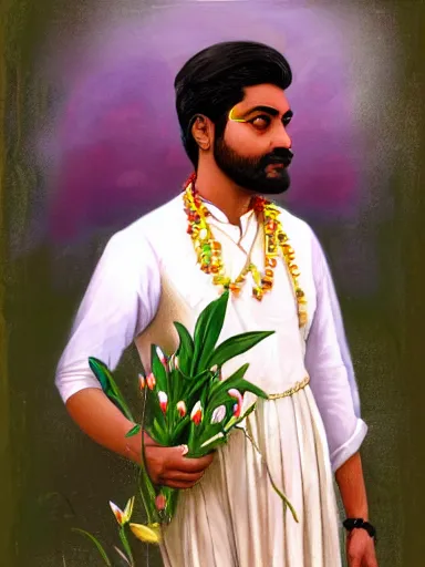 Image similar to water color painting, artwork by raja ravi varma, of a solo individual portrait of an indian guy holding lilies, dapper, simple illustration, domestic, nostalgic, full of details, matte painting, trending on artstation and unreal engine