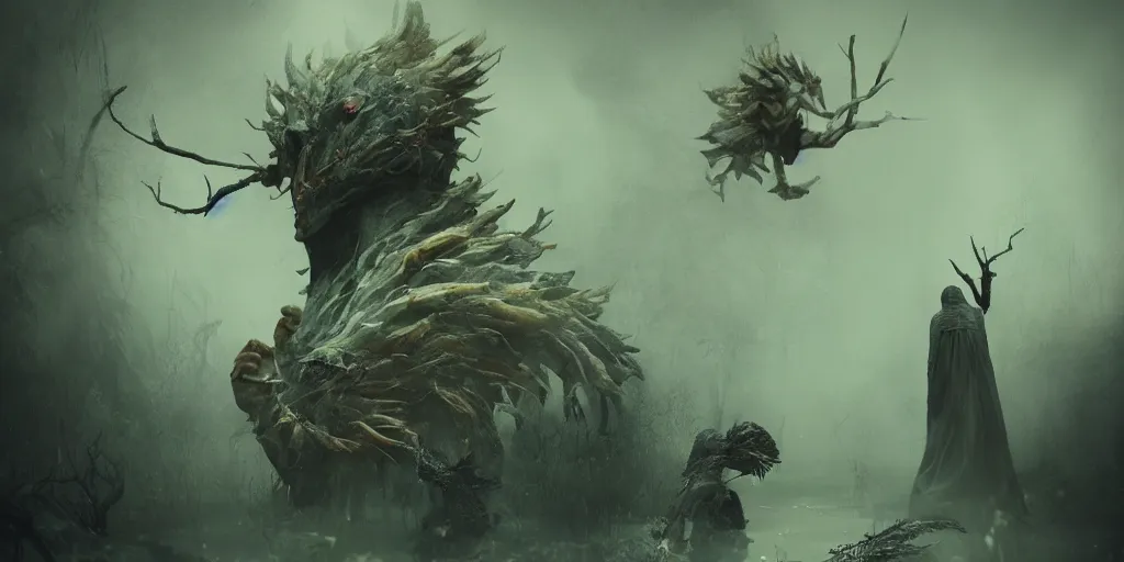 Image similar to Strange and mystical creatures scary and dangerous, concept art, inspired by Reylia Slaby, Guillermo del Toro, trending on artstation, volumetric lighting, intricate, ornate, CGsociety