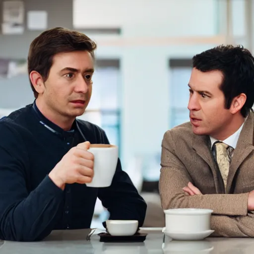 Image similar to the office scene of a man conversing with a sentient cup of coffee