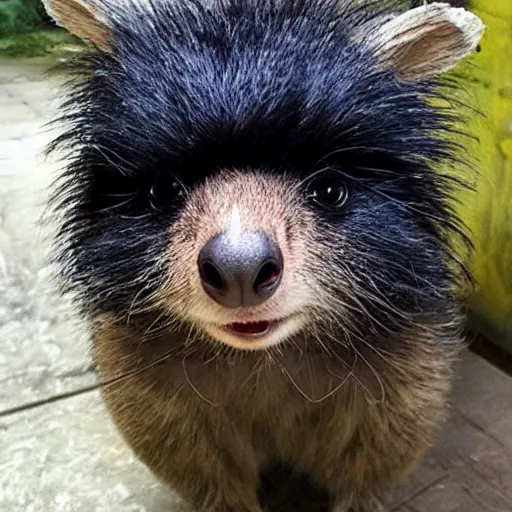 Prompt: black hair wig on a quokka wearing a black hair wig, wig!! animal-wearing-wig!!!!! S 6 2379449105