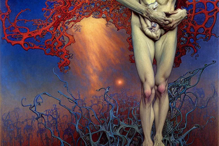 Image similar to realistic detailed portrait painting of a beautiful male zombie, nightly graveyard landscape background by Jean Delville, Amano, Yves Tanguy, Alphonse Mucha, Ernst Haeckel, Edward Robert Hughes, Roger Dean, masterpiece, cinematic composition, dramatic pose, 4k details, rich moody colours, blue eyes