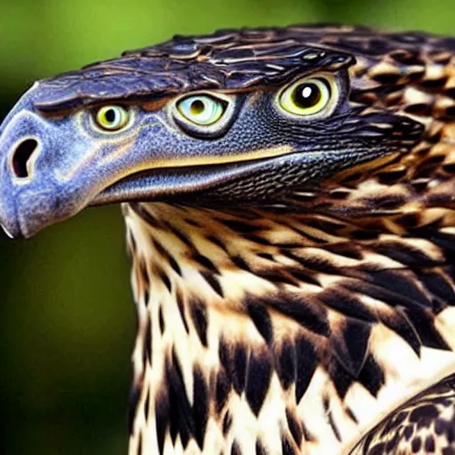 Prompt: hawk and crocodile morphed together, half crocodile, half hawk, real picture taken in zoo, realistic hawk proportions, head of crocodile is seamlessly merged with hawk