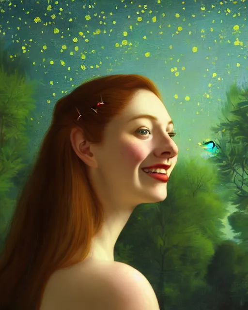 Prompt: a happy, modern looking young woman looking over shoulder, among the lights of golden fireflies and nature, long loose red hair, intricate details, green eyes, small nose with freckles, triangle shape face, smiling, golden ratio, high contrast, hyper realistic digital art by artemisia lomi gentileschi and caravaggio and artgerm.