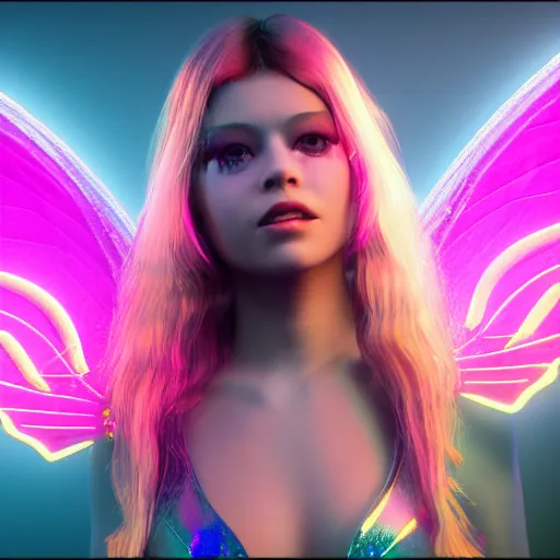 Image similar to neon fluorescent, iridescent young ornella muti with fairy wings cyperpunk 2 0 7 7, unreal engine 5, 8 k ultra realistic, hyperdetailed, volumetric lighting, extremely high quality