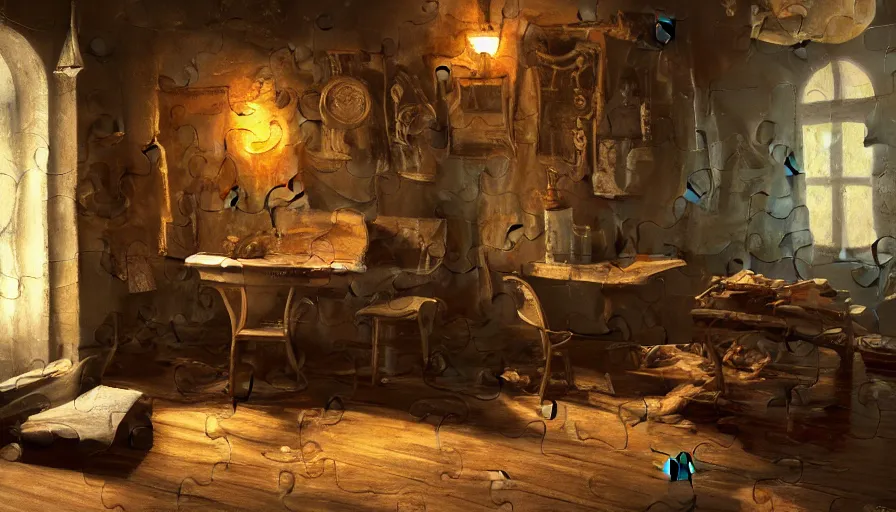 Image similar to puzzle, scape room, oil painting by jama jurabaev, brush hard, artstation, for aaa game, high quality, brush stroke