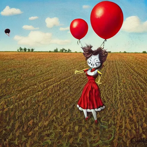 Image similar to grunge painting of a cornfield with a wide smile and a red balloon by chris leib, loony toons style, pennywise style, corpse bride style, horror theme, detailed, elegant, intricate, conceptual, volumetric light