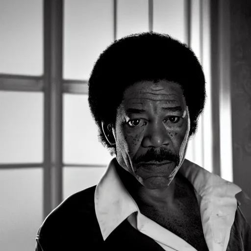 Image similar to a cinematic film still of Morgan Freeman starring as Michael Jackson, portrait, 40mm lens, shallow depth of field, close up, split lighting, cinematic