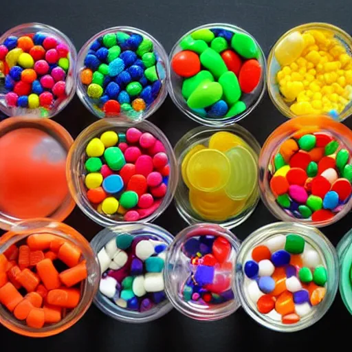 Image similar to Bowl containing a mixture of colorful, dangerous pills and harmless candies. Can you guess which is which?