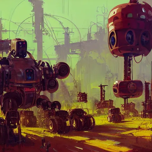 Image similar to dieselpunk concept art of a humble farm with robots and mechas working on it, grimy, gritty, dieselpunk trending on artstation, award winning painting, cgi, art by john berkey and anton fadeev and john howe and simon stalenhag