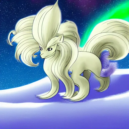 Image similar to Alolan Ninetales shiny, standing on an snowy hill with an aurora borealis in the night sky