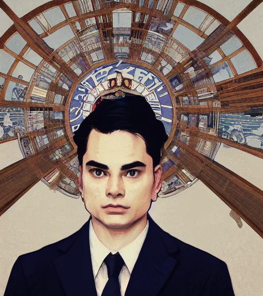 Prompt: Ben Shapiro wearing a navy and white Japanese school uniform, posing in Waikiki, sigma male, portrait art by alphonse mucha and greg rutkowski, highly detailed, digital painting, concept art, illustration, dim lighting with twilight rays of sunlight, trending on artstation, very detailed, smooth, sharp focus, octane render, close up