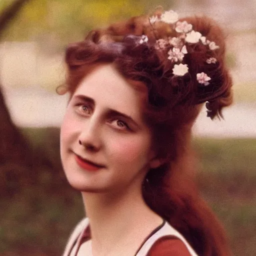 Prompt: the image is a lost 1 9 1 0 s kodachrome slide of a pretty lady playing with her hair looking at the something from afar. vibrant cinematography, anamorphic lenses, crisp, detailed image in 4 k resolution.