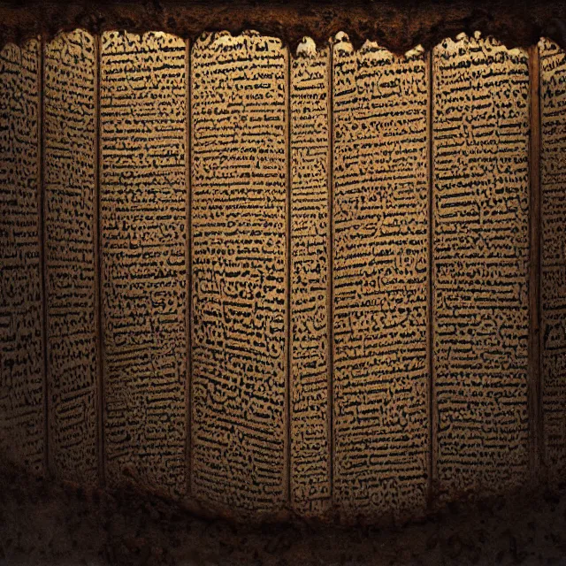 Prompt: ultra - realistic horrifying photo of a partially damaged dead sea scroll with nabeatean aramaic in sideways columns, by dave dorman, paul carrick, dark, brooding, volume lighting, atmospheric lighting, painted, intricate, ultra detailed, well composed, best on artstation, cgsociety, epic, stunning, gorgeous, intricate detail, wow, masterpiece
