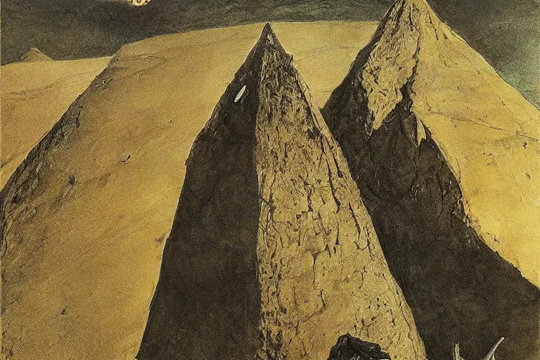 Prompt: andrew wyeth painting of king ghidorah standing between the pyramids in egypt,