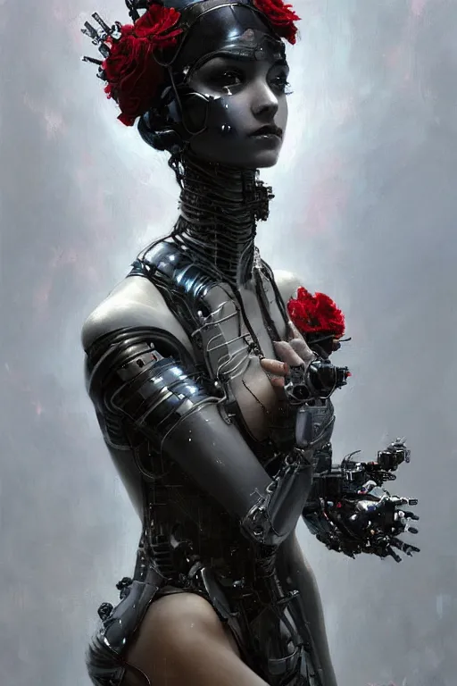 Image similar to sitting beautiful painting of a crowned robotic cyberpunk ballerina in a gothic dark flowing tutu intricate, elegant, highly detailed, digital painting, artstation, concept art, by krenz cushart and artem demura and william adolph bouguereau
