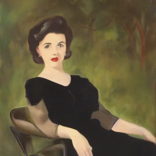 Image similar to a portrait of a young woman from the fifties, seated in front of a landscape background, her black hair is a long curly, she wears a dark green dress, pleated in the front with yellow sleeves, puts her right hand on her left hand, oil painting