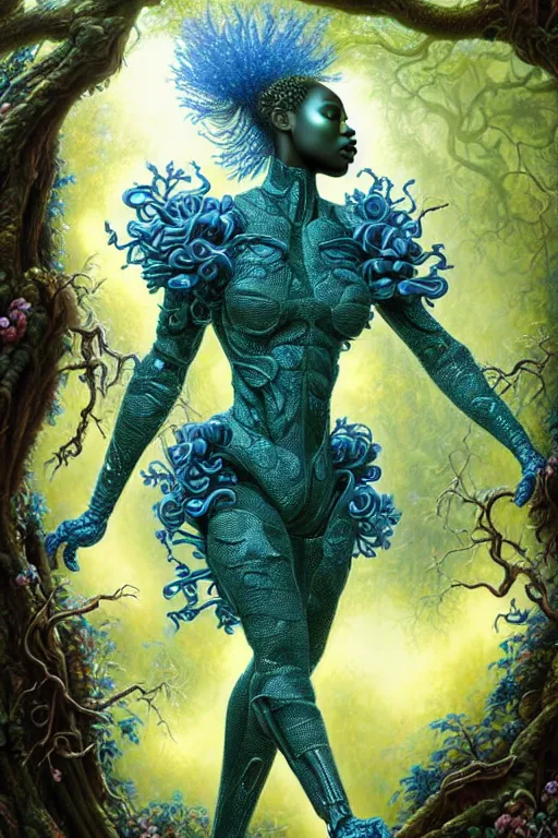 Image similar to hyperrealistic post - rococo super gorgeous! black woman with exoskeleton armor, merging with tree in a forest, highly detailed digital art masterpiece smooth cam de leon hannah yata dramatic pearlescent blue teal light ground angle hd 8 k sharp focus