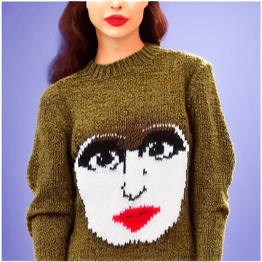 Image similar to a hand knit wool sweater with a lady gaga face pattern