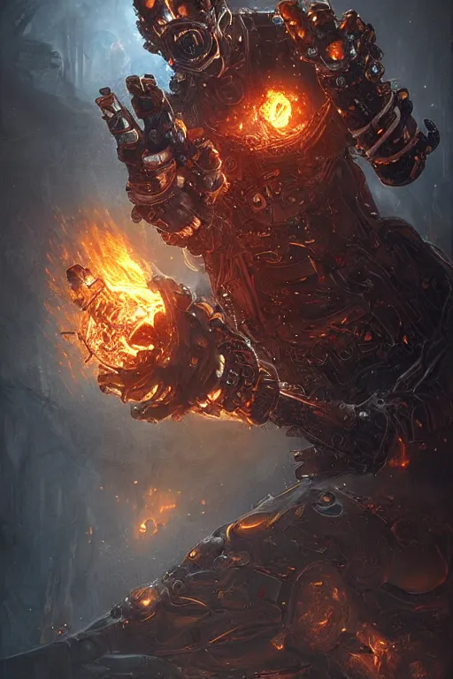 Image similar to mechanical power glove imbued with the power of fire, biomechanical, magical artifact, legendary, digital illustration, professional art by Seb McKinnon, cgsociety, fantasy, magic