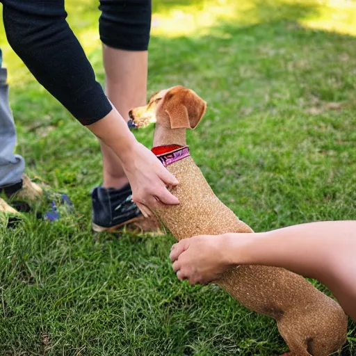 Image similar to a dog with one human leg being given wheat treats