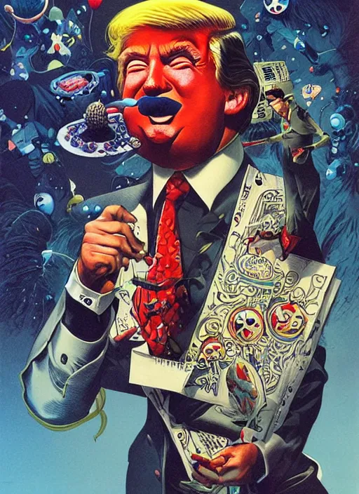 Image similar to donald trump is a clown destroying the planet, grotesque, horror, high details, intricate details, by vincent di fate, artgerm julie bell beeple, 60s, inking, vintage 60s print, screen print